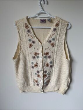 Vintage TanJay Floral Knit Vest | Embroidered Button Up Sweater Vest Cottagecore